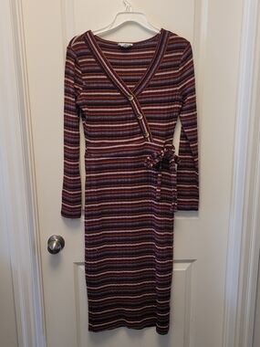 5/30 Olive & Oak Striped Wrap Midi Dress Long Sleeve Tie Waist Boho Medium